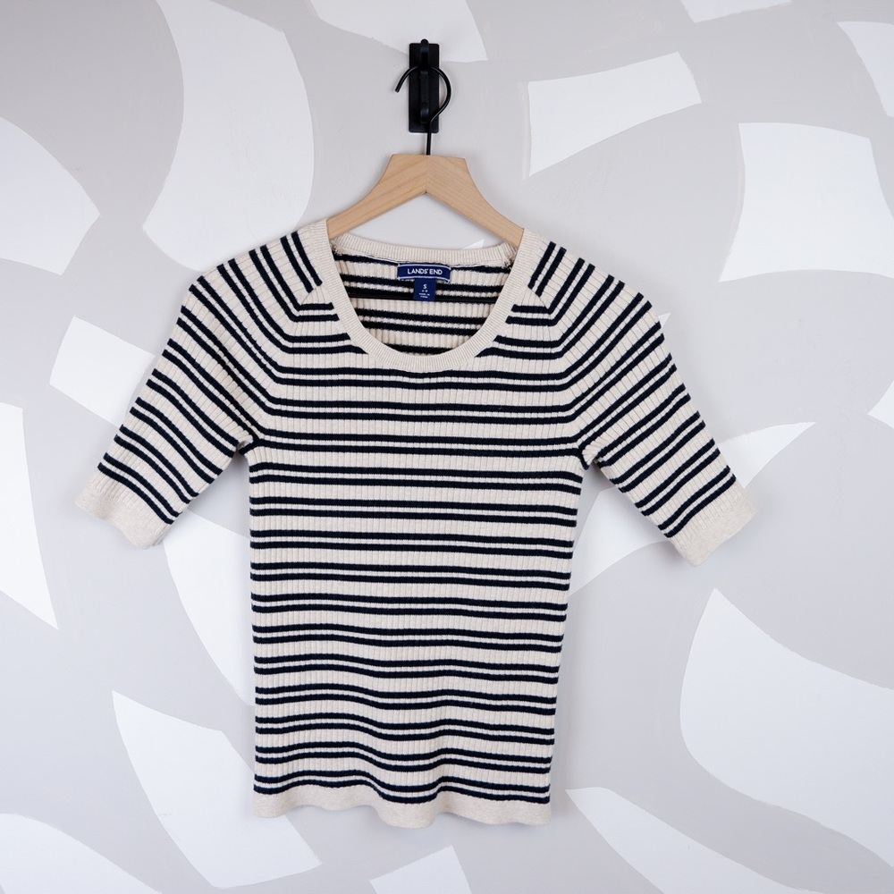 Land's End 100% Cotton Striped Short Sleeve Cream and Black Sweater | S